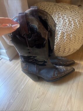 Toral Brown and Black Western Patent-Trim Heeled Boots